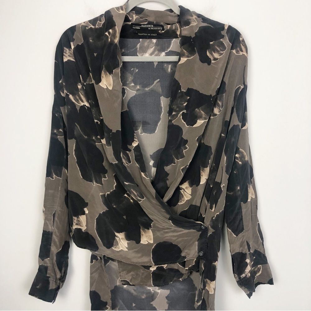 ALL SAINTS | Dissolve Serra 100% Silk Wrap Top Long Sleeve Floral Women’s Size 6 - Picture 2 of 11